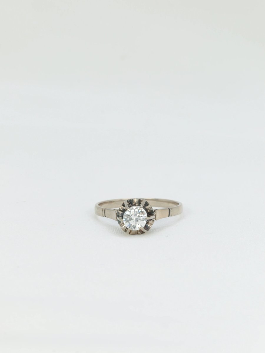 Bague Solitaire Ancienne En Or Blanc 18K Avec Diamant - Taille 47, Occasion