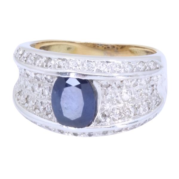 Bague Bandeau Or Jaune Centrée De 3 Saphirs Entourés De 2 Lignes De Diamants - Taille 7