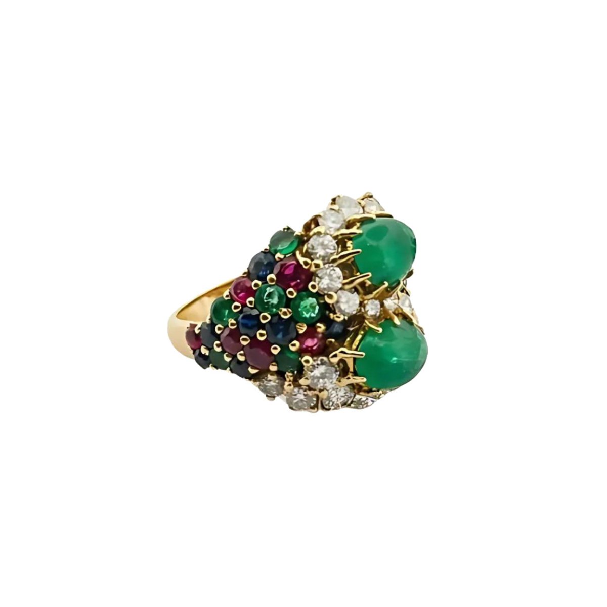 Toi et Moi Cocktail ring in yellow gold, emeralds, rubies and