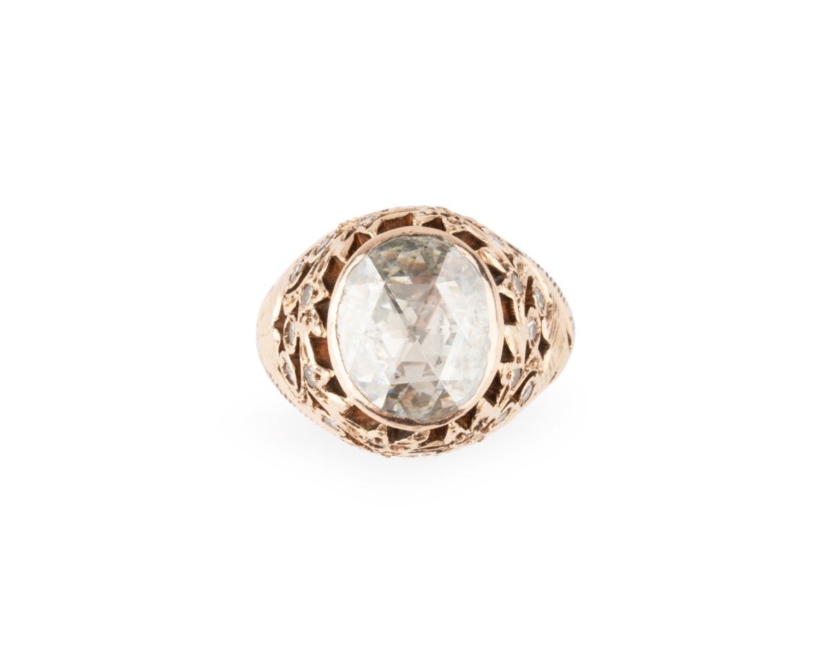 Bague Bombée Ancienne En Or Blanc 18k & Platine - Sertie De Diamants Taille Ancienne - Poinçon Hibou - Occasion