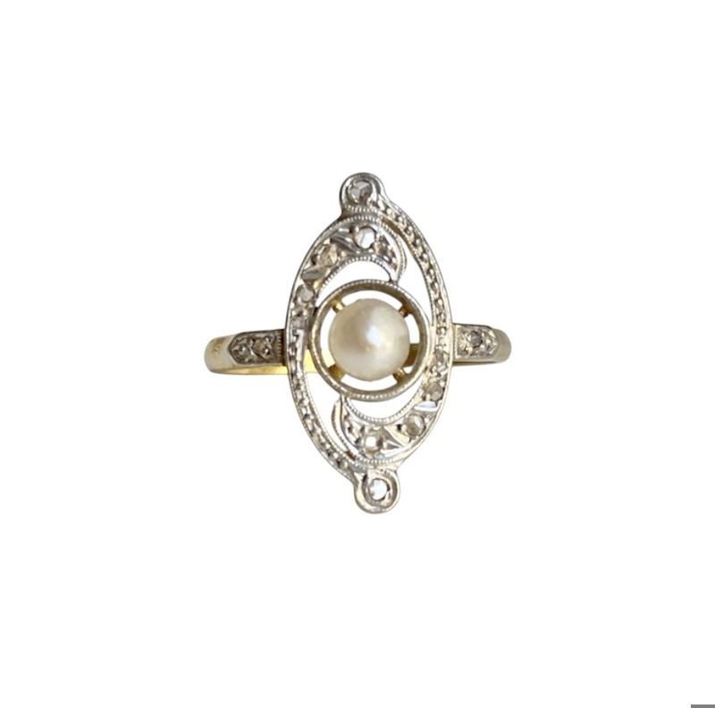 Bague Ancienne Art Nouveau En Or 18 Carats - Sertie De Perles Fines - Occasion, Bijou Vintage
