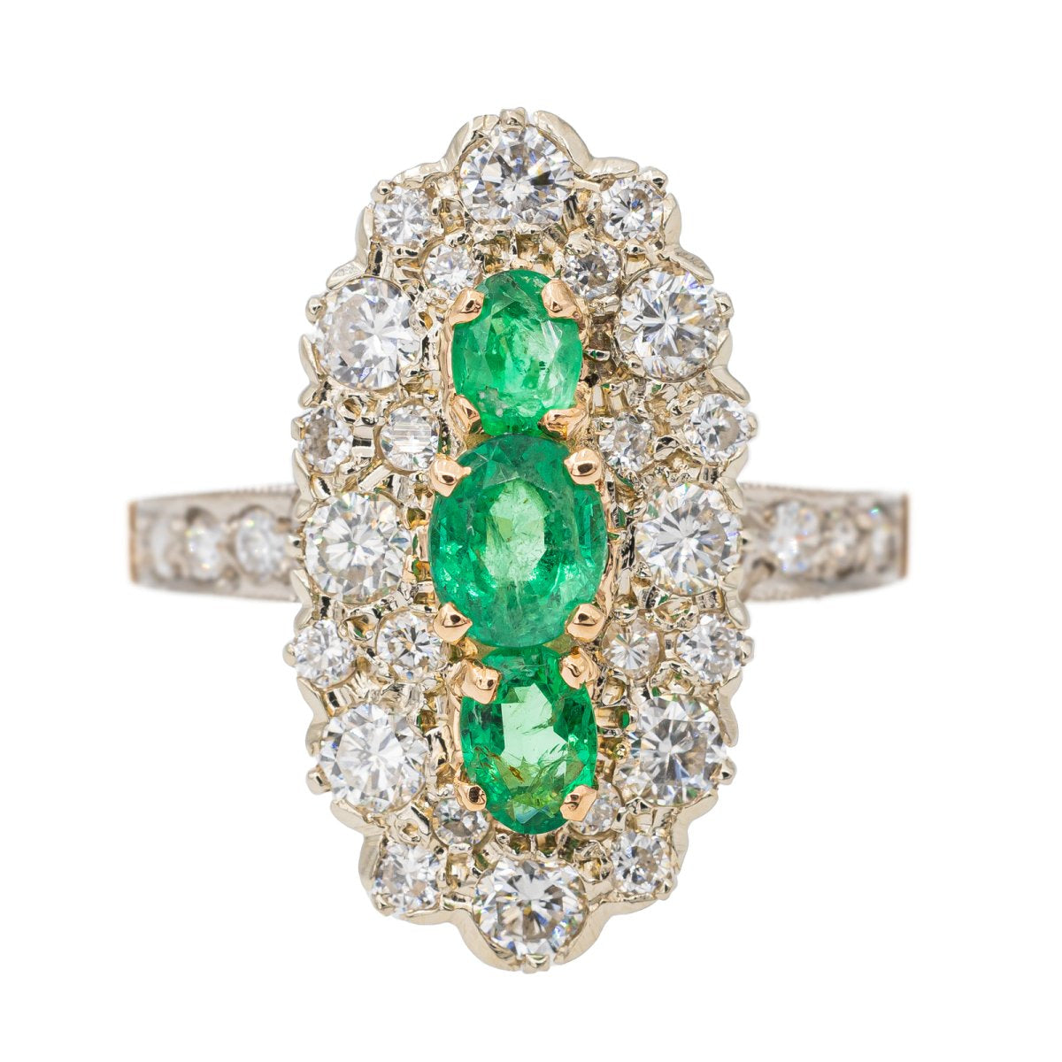 Bague Marquise en or jaune, émeraude et diamant – Castafiore