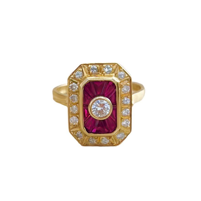 Bague En Or Jaune 585 Avec 13 Rubis Et 18 Diamants - Taille 51, Ajustable - Occasion