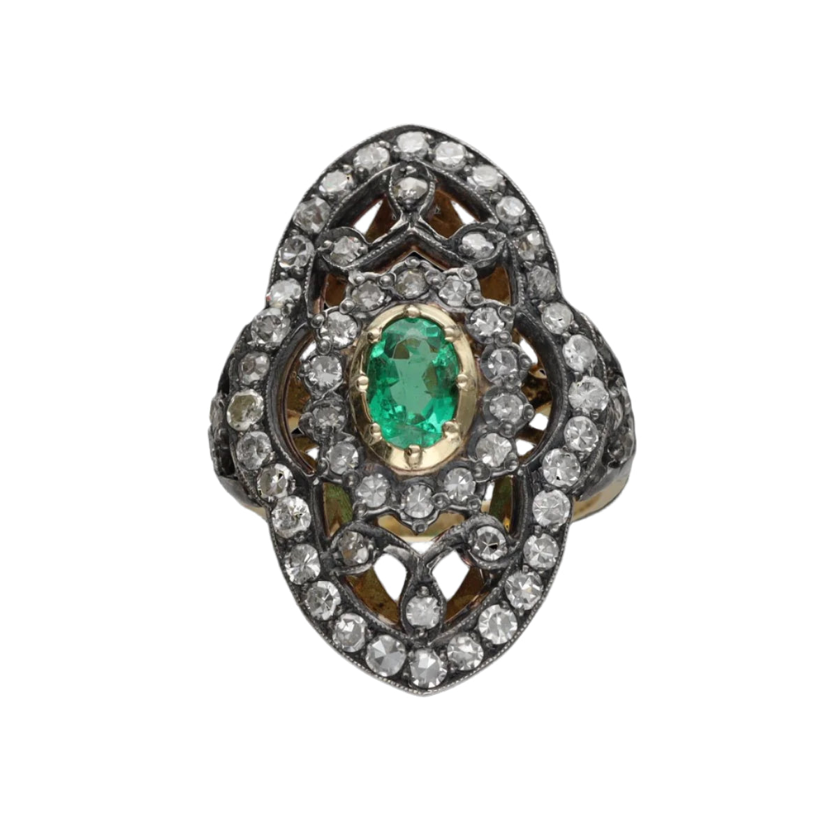 Bague Marquise en or jaune, argent, émeraude et avec diamants