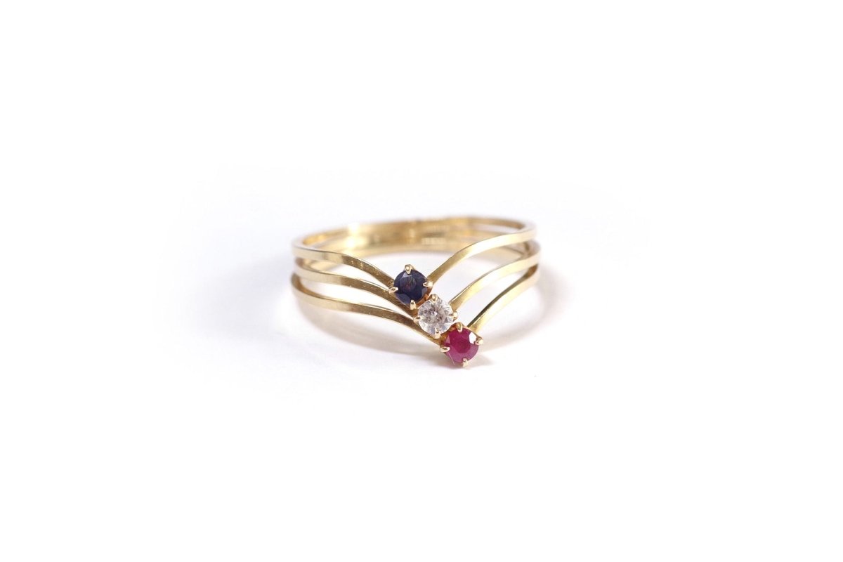 Bague Plaquée Or Jaune Avec émail Rouge Et Bordeaux - Taille 52, Vintage, Excellent état
