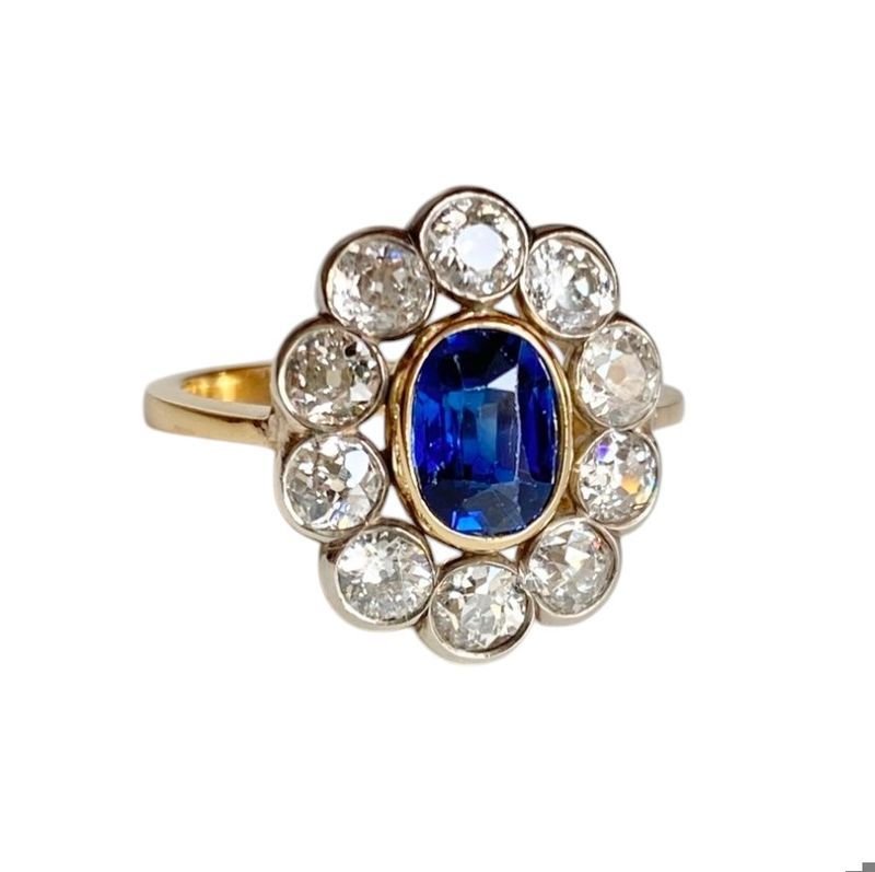 Ring Antique Pompadour in yellow gold 18k sapphire and diamonds