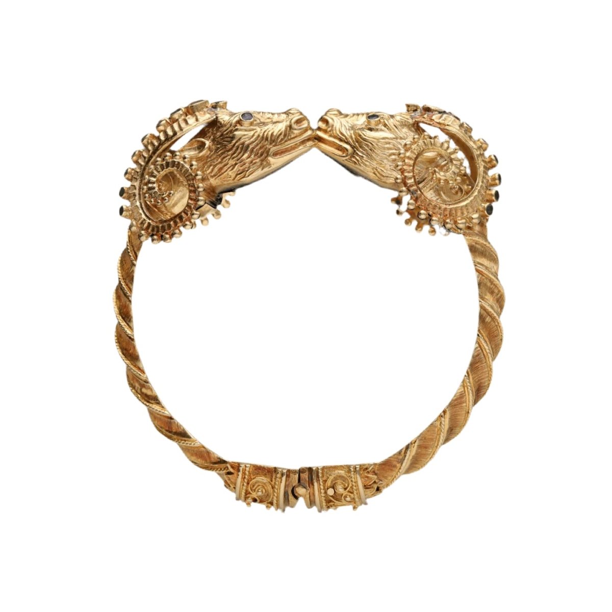 Bracelet Jonc Vintage En Métal Doré Avec Ornement Têtes De Bélier Et Cordage - Début XXe Siècle, Occasion