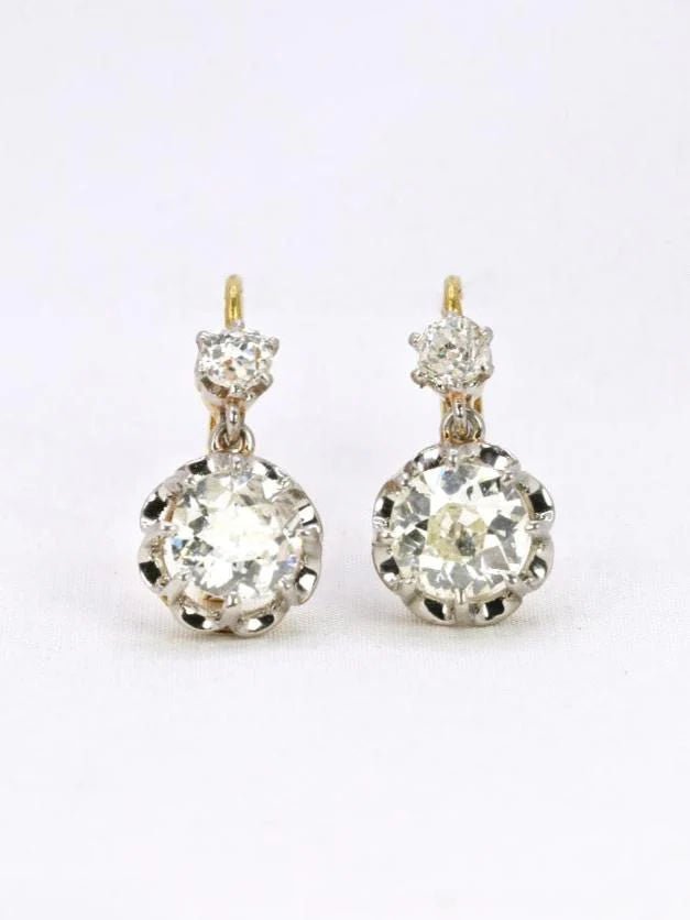 Dormeuses Anciennes En Or 18K Serties De Diamants - Boucles D'Oreilles Vintage Poinçonnées