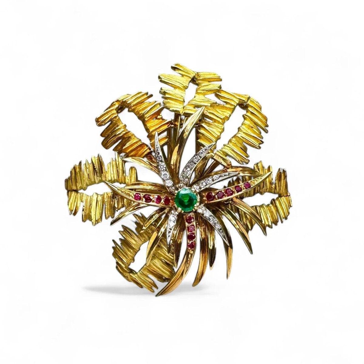 Grande broche pendentif couleur or palmier de Iles émail vert bijou vintage 252