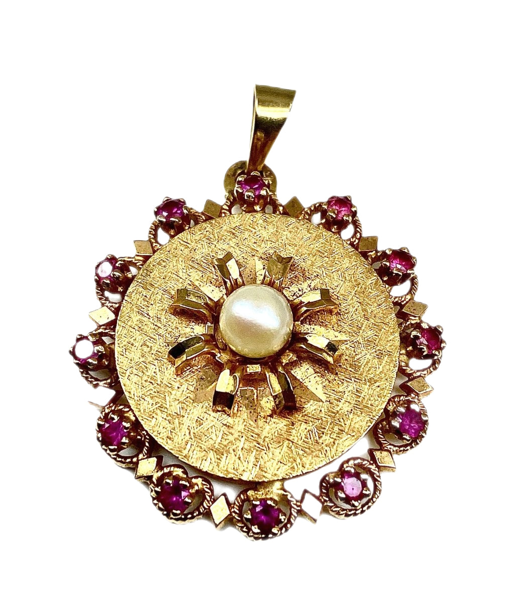 Photo holder pendant in yellow gold, pearl and red stones – Castafiore