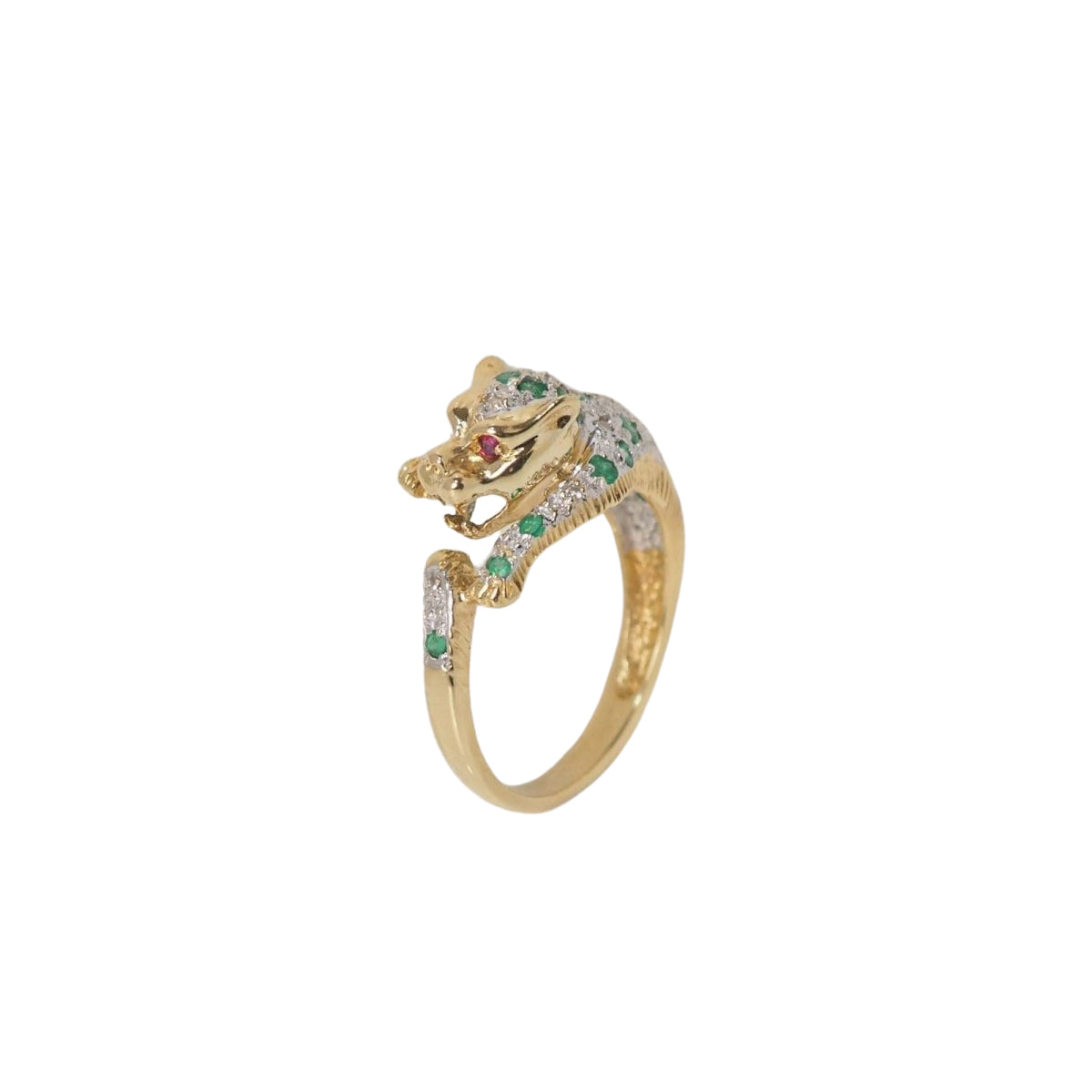 Bague Panthère en or jaune, rubis, émeraudes et diamants