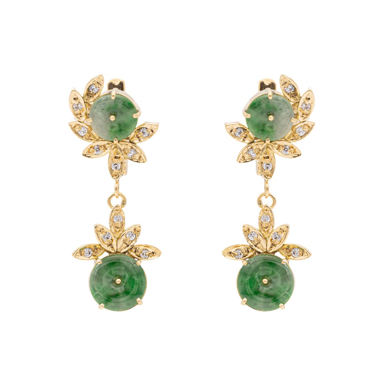 Boucles D'oreilles Dormeuses - Goutte En Jade Vert Foncé Et CZ Vert - Style Art Déco - Argenté/laiton - Neuves
