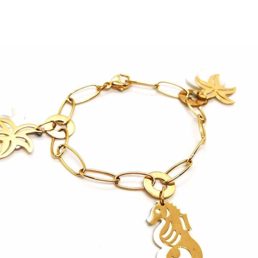 Bracelet Maille ovale Breloques océan en or jaune et nacre - Castafiore