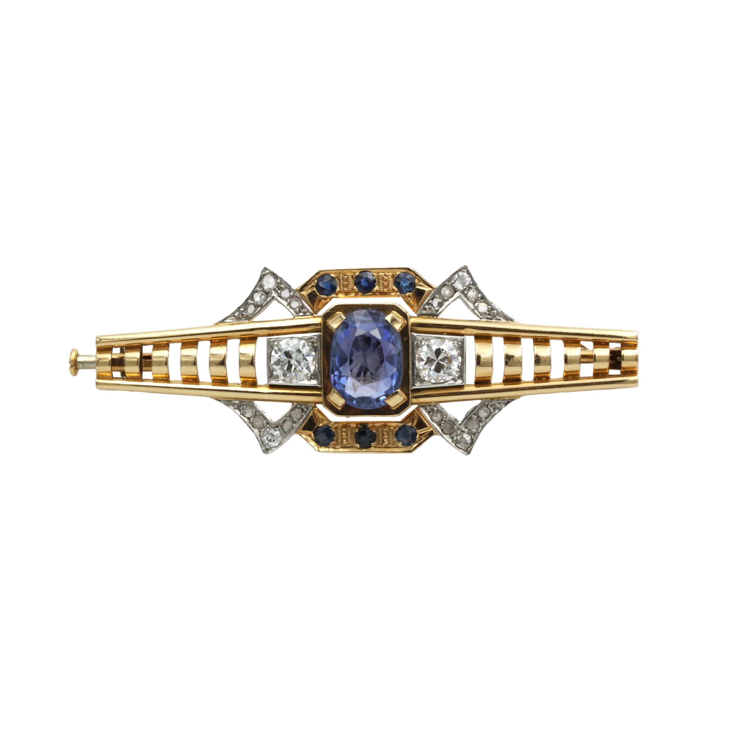 Broche Épingle en or jaune, platine, saphirs et diamants