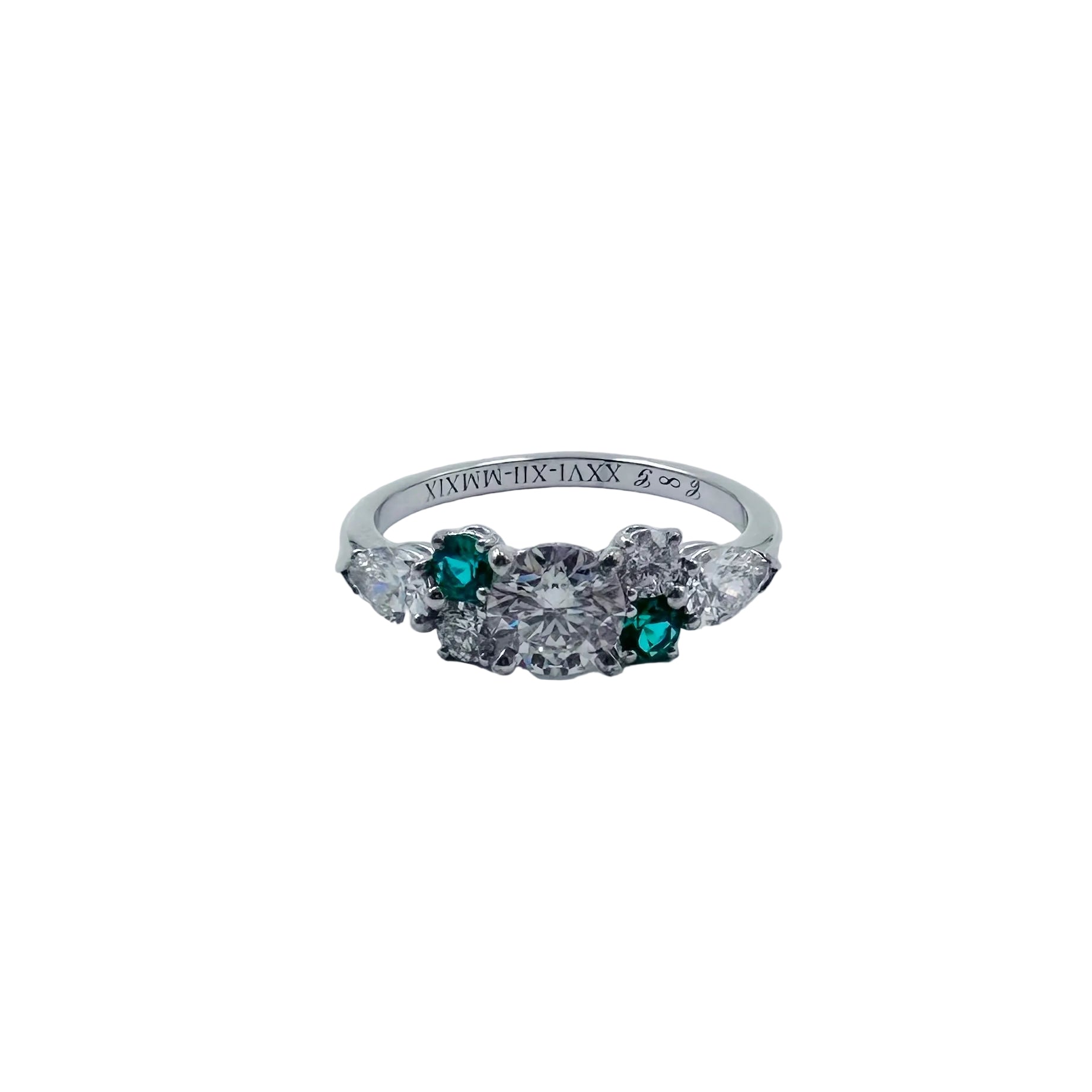 Bague Solitaire en or blanc, diamants et émeraudes