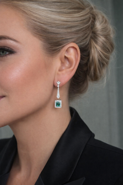 Boucles d'oreilles Pendantes en platine, émeraudes et diamants