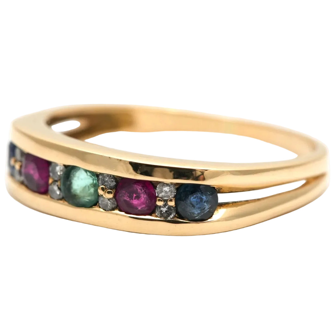 Bague Bandeau en or jaune, émeraude, rubis, saphirs et diamants