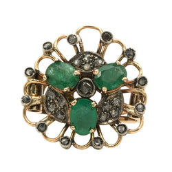 Bague Marguerite en or jaune, émeraudes et diamants