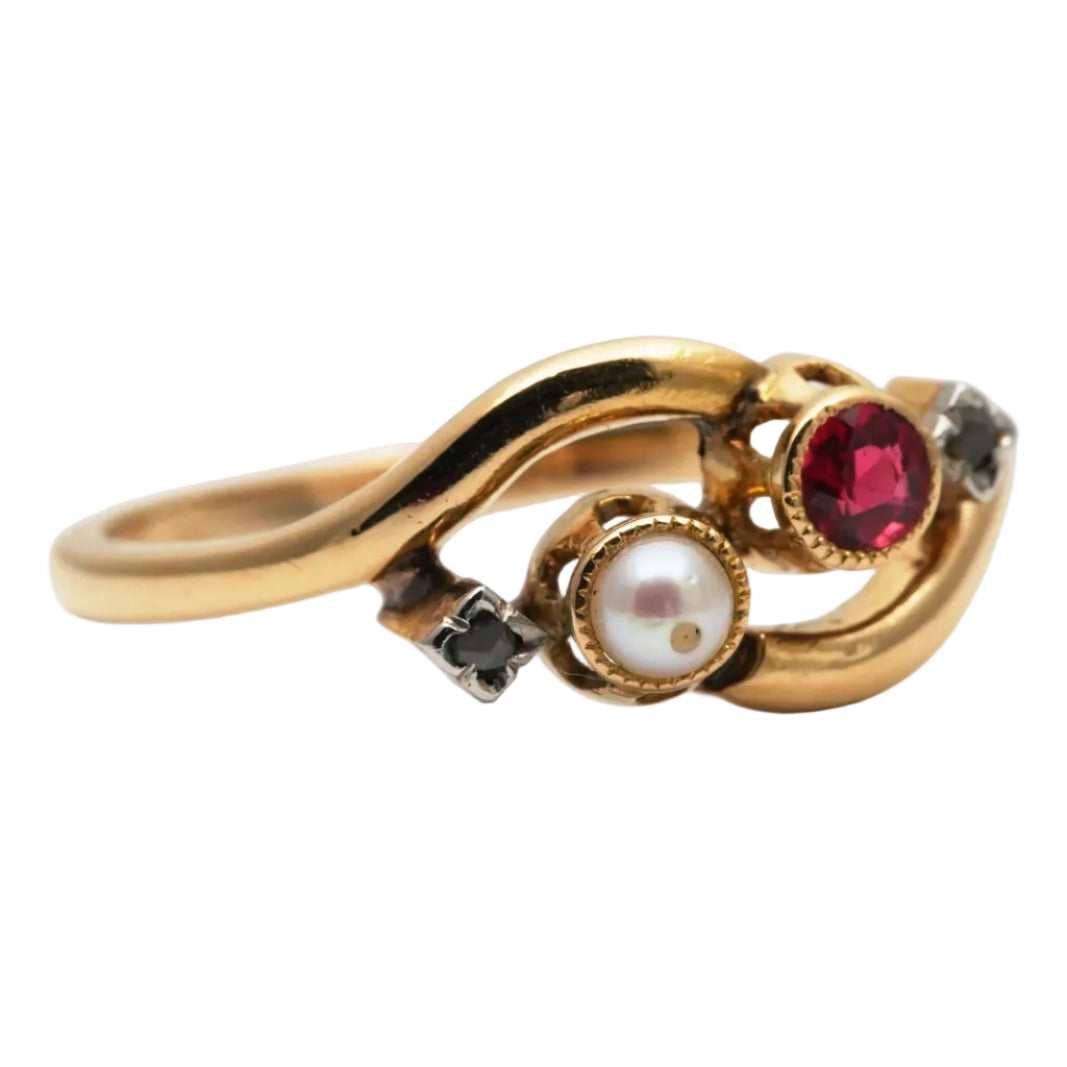 Bague Toi & Moi en or jaune, perle, rubis et diamants