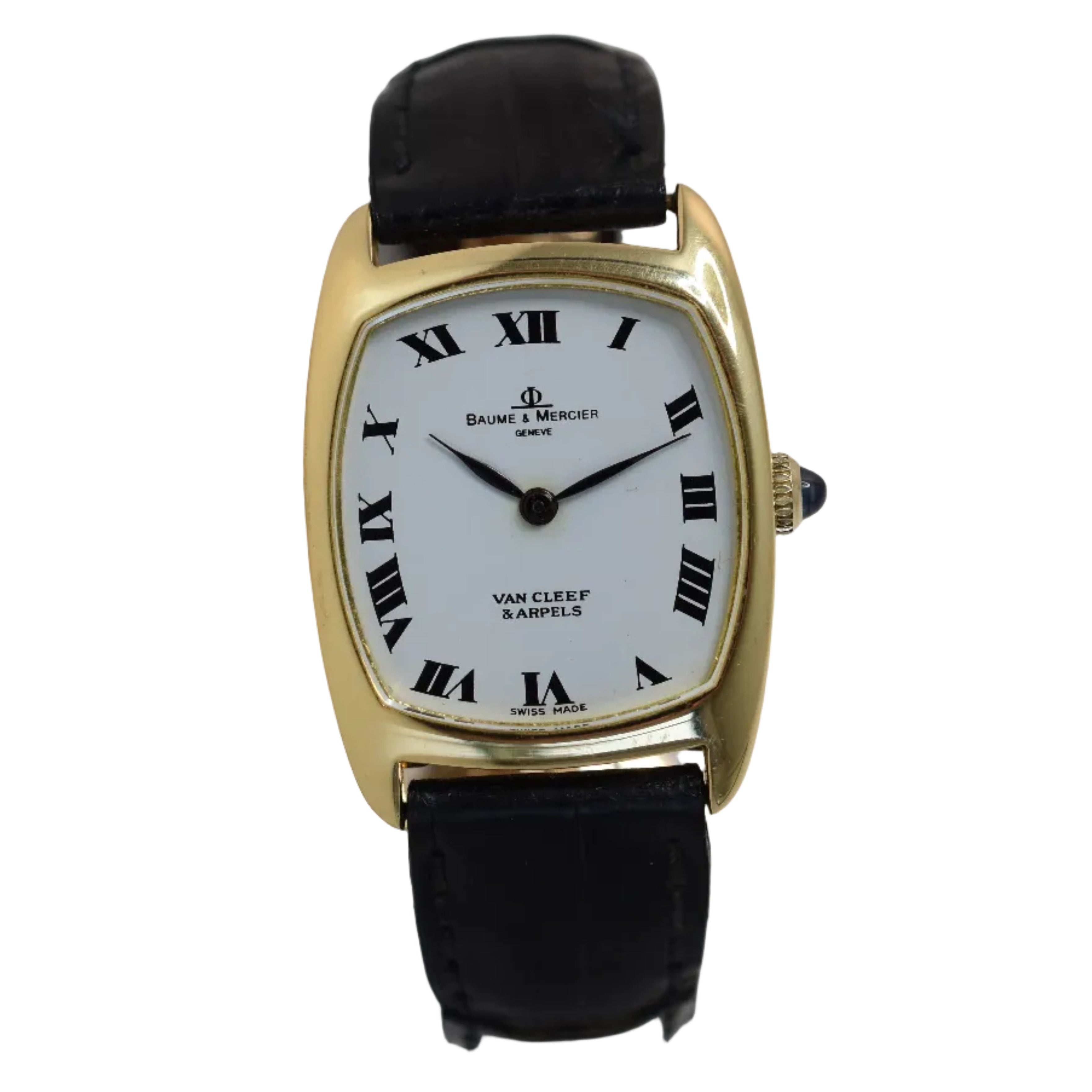 Montre BAUME & MERCIER X VAN CLEEF & ARPELS en or jaune, cuir et saphir