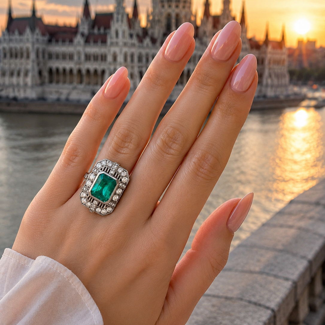 Bague Entourage en or blanc, émeraude et diamants