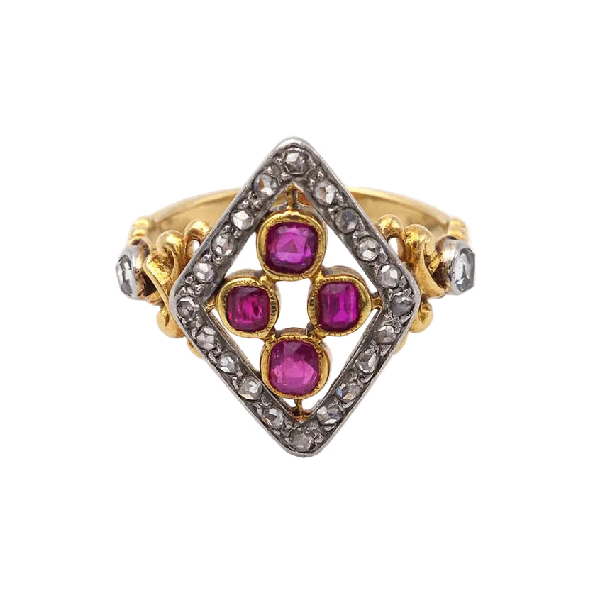 Bague Marquise en or jaune, platine, rubis et diamants