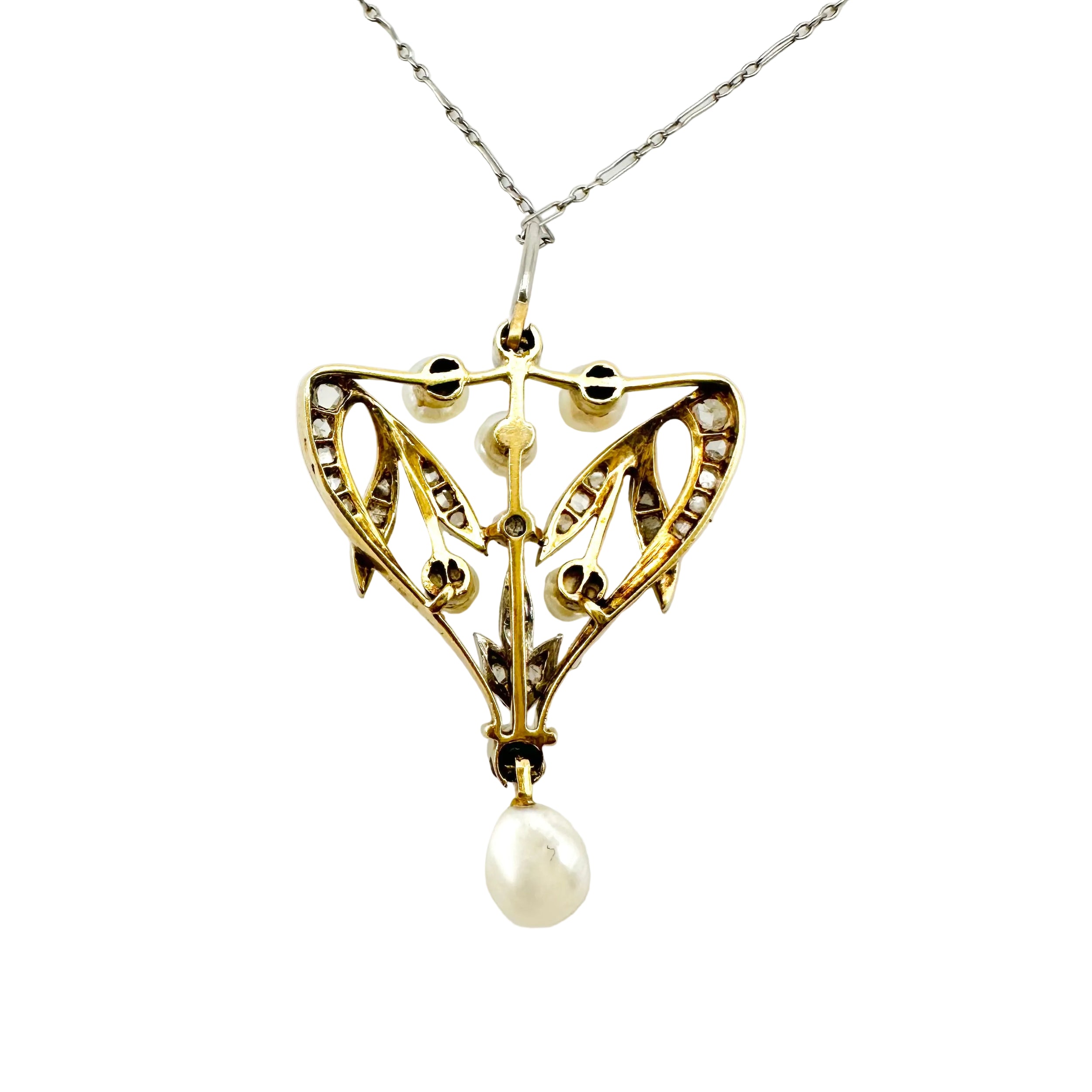 Collier Pendentif en or jaune, or blanc, perles et diamants