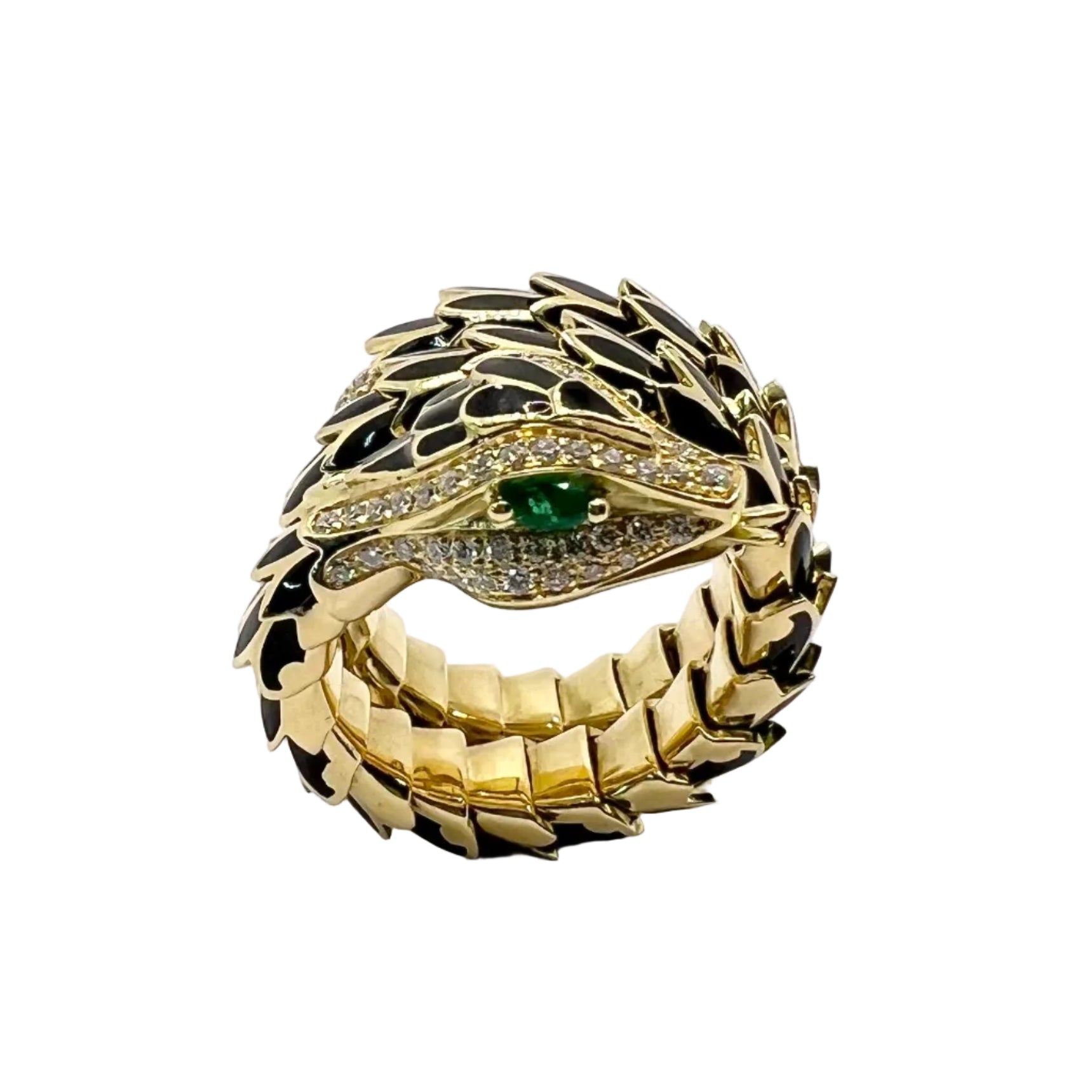 Bague en or jaune, émail, émeraudes et diamants