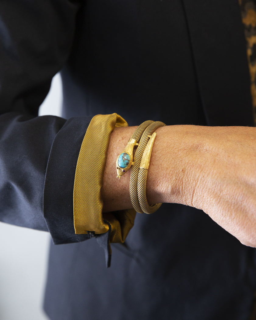 Double tubogas bracelet in yellow gold and turquoise