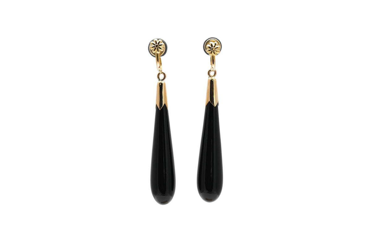 Boucles d'oreilles Pendantes en or jaune, onyx et perles