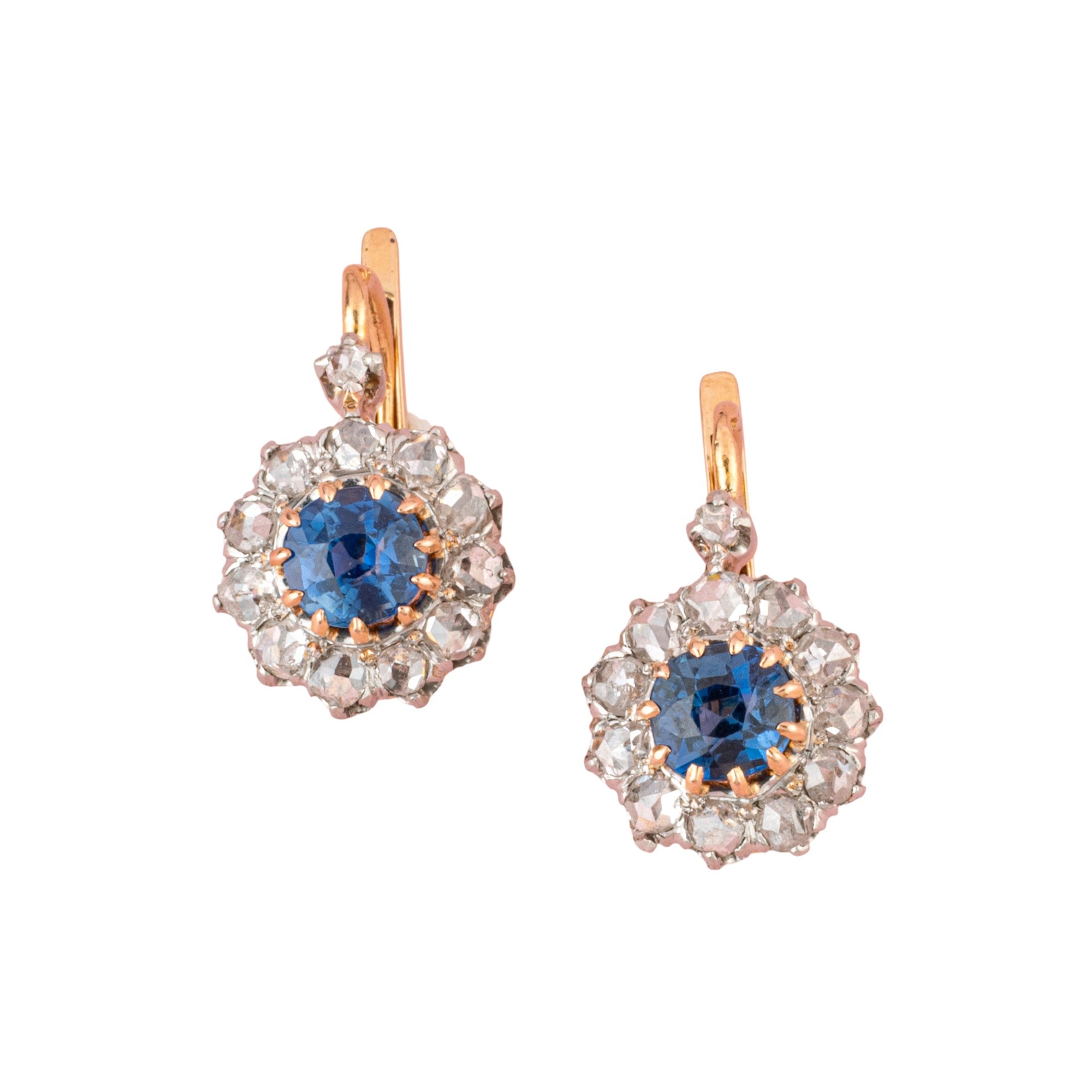 Dormeuses earrings in rose gold, paltinium, sapphire and diamonds