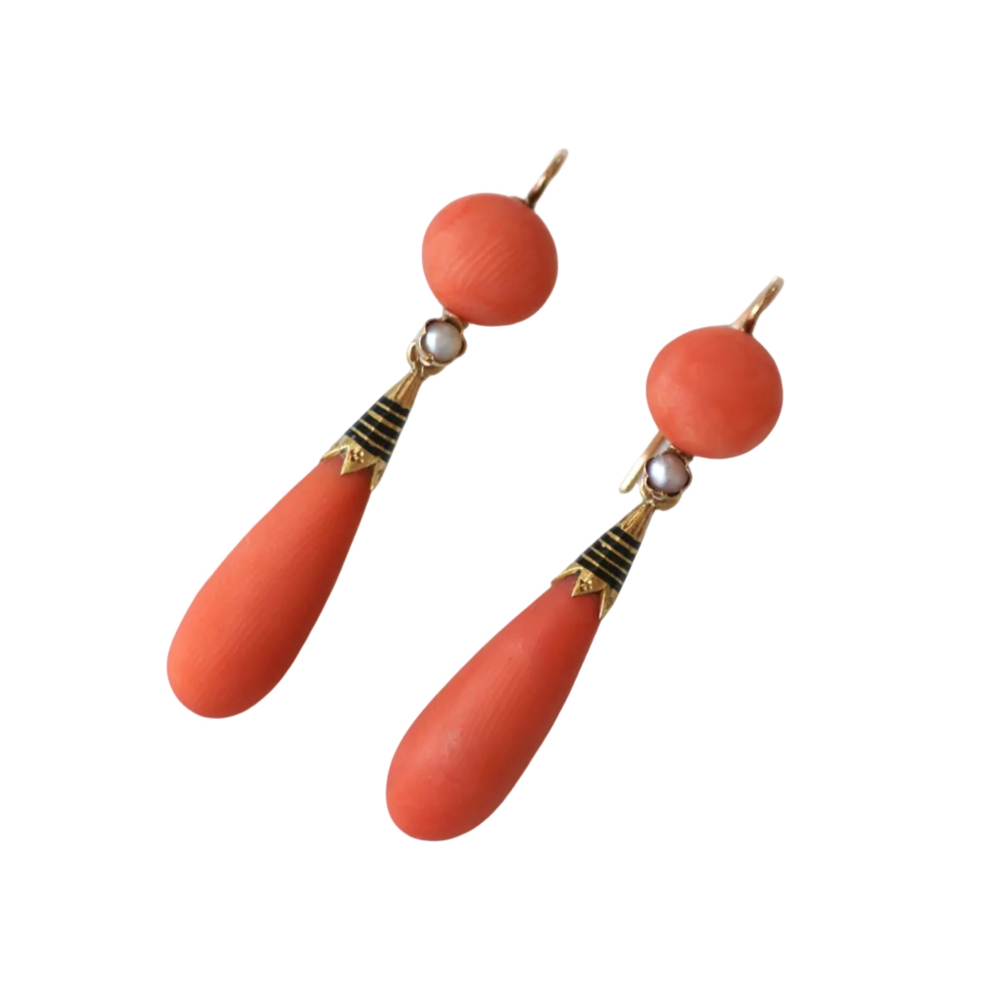 Boucles d'oreilles Pendantes en or jaune, émail, perle et corail