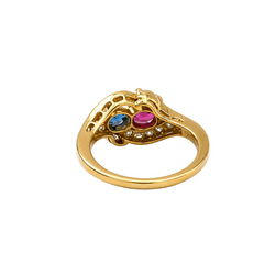 Bague Toi & Moi en or jaune, saphir, rubis et diamants