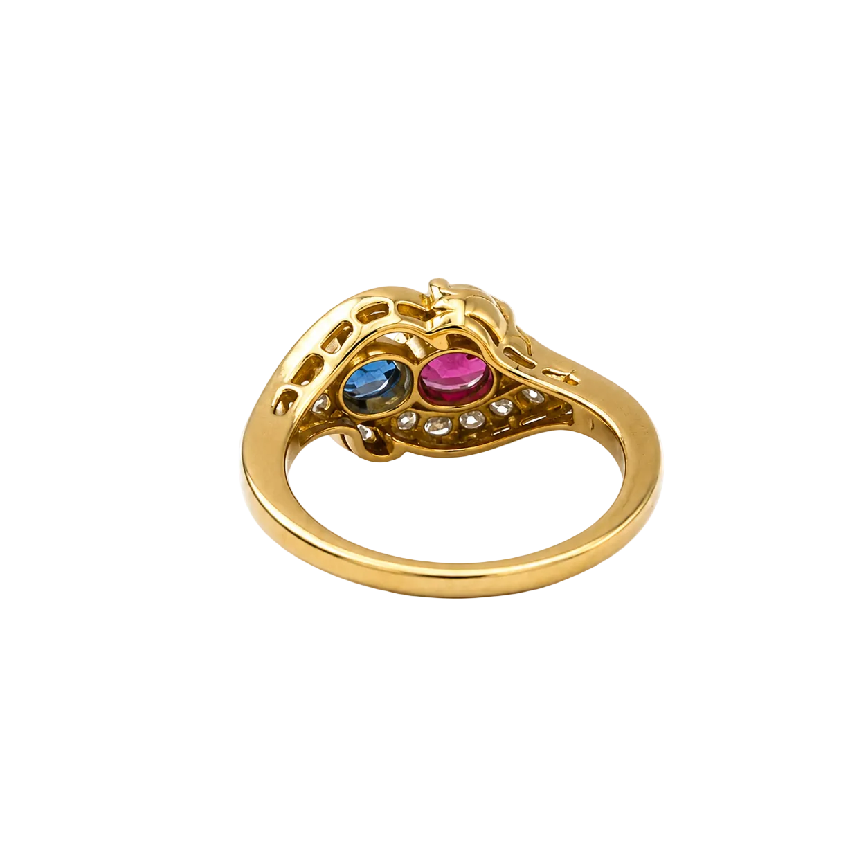 Bague Toi & Moi en or jaune, saphir, rubis et diamants
