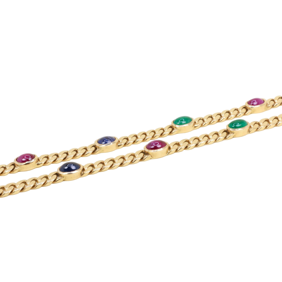 Collier Sautoir en or jaune, émeraudes, saphirs et rubis