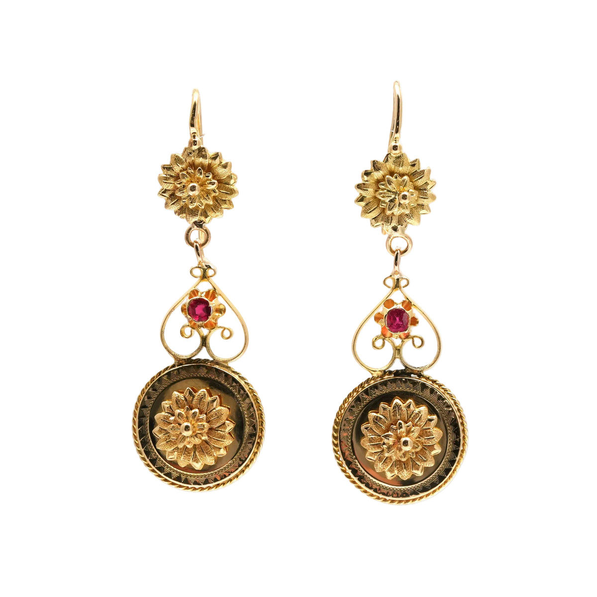 Boucles d'oreilles Pendantes en or jaune et rubis