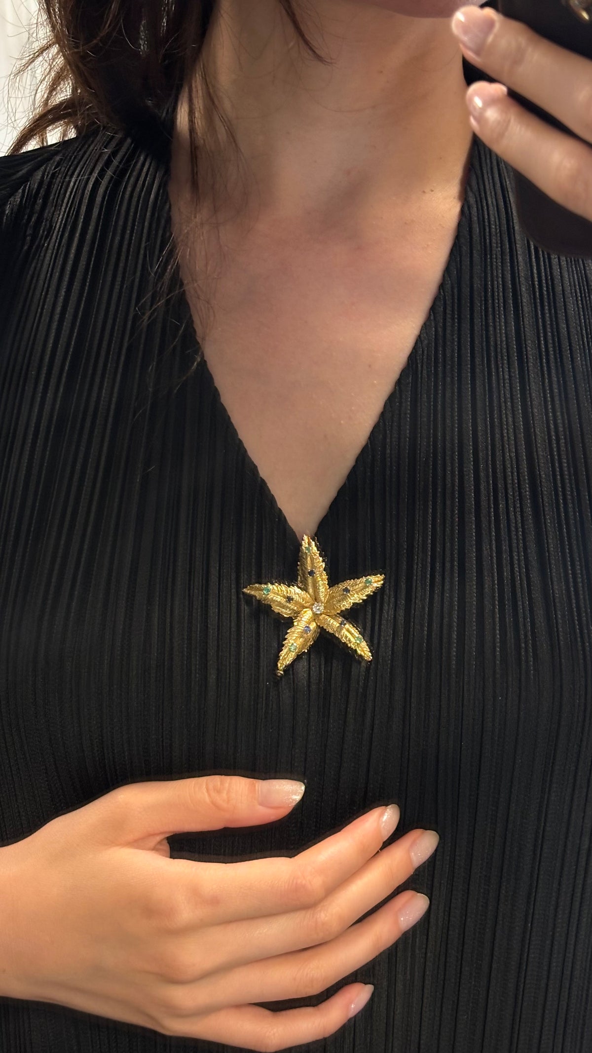 Broche BOUCHERON en or jaune, émeraudes, saphirs et diamant
