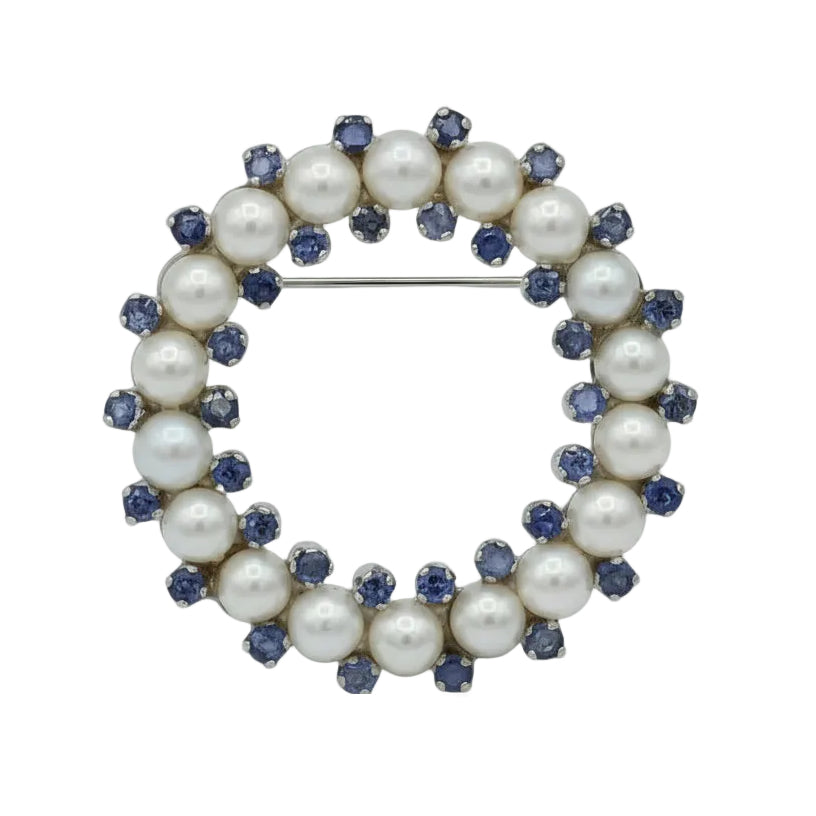 Broche Épingle en or blanc, perles et saphirs
