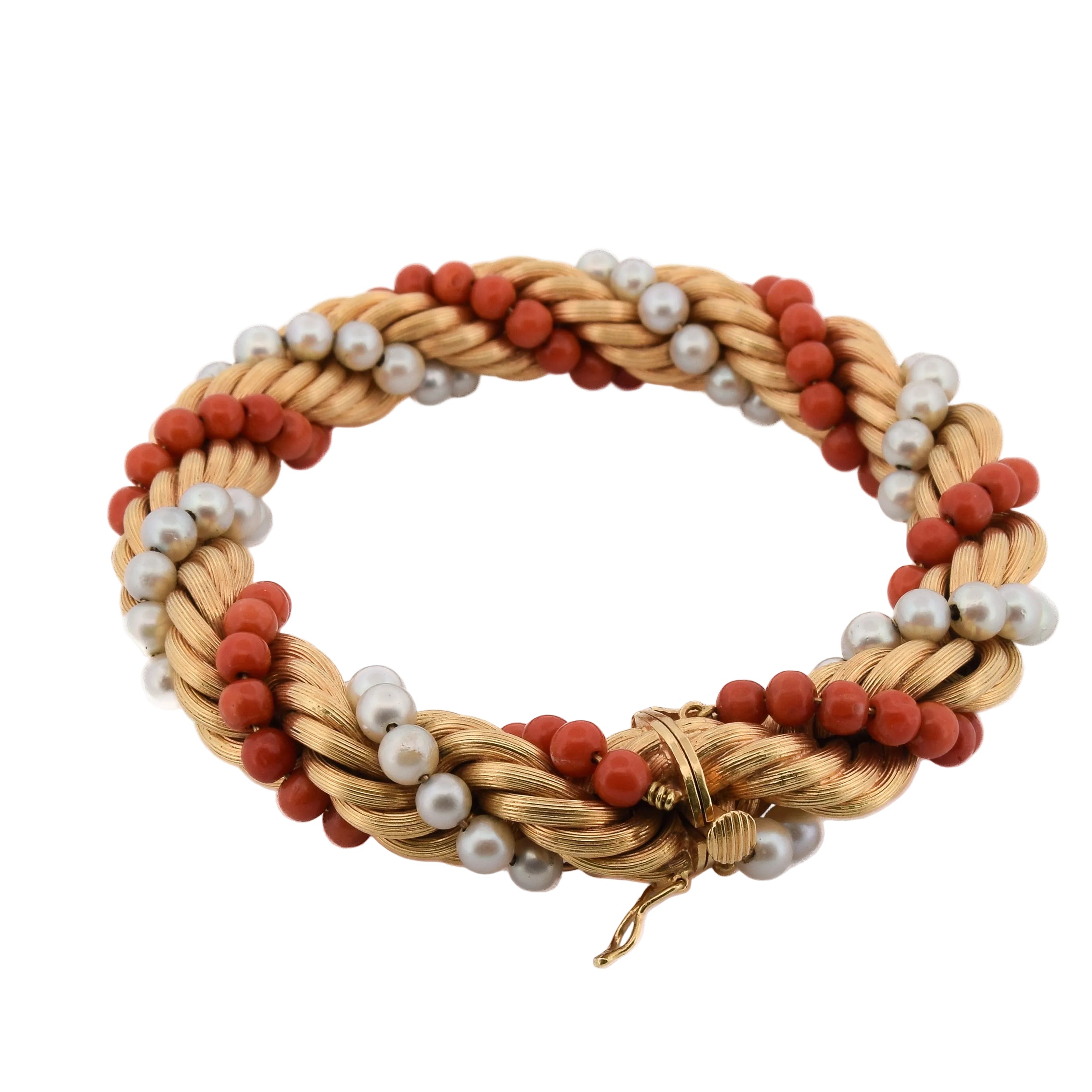 Parure en or jaune, corail et perles