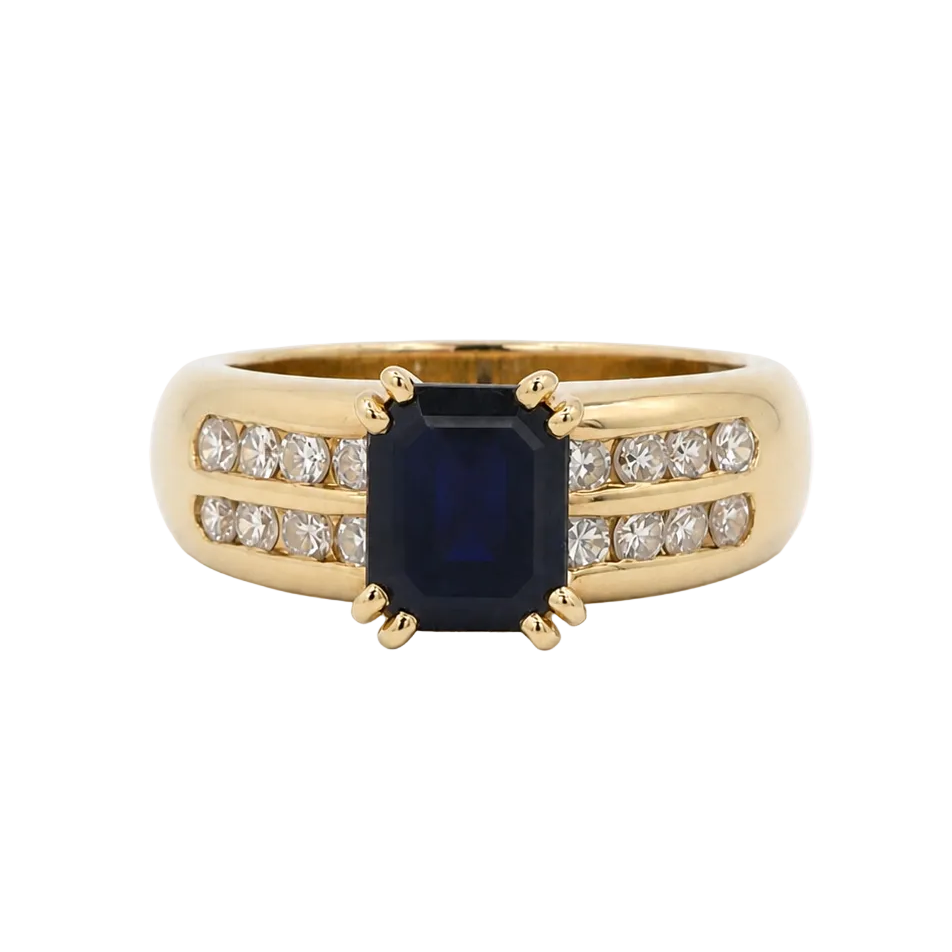 Bague Solitaire en or jaune, saphir et diamants