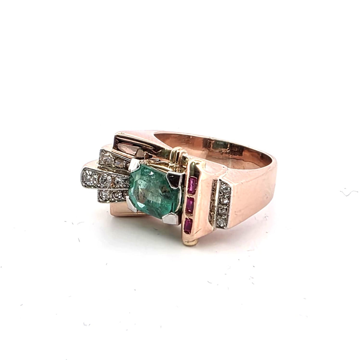 Bague Tank en or jaune, émeraude, rubis et diamants
