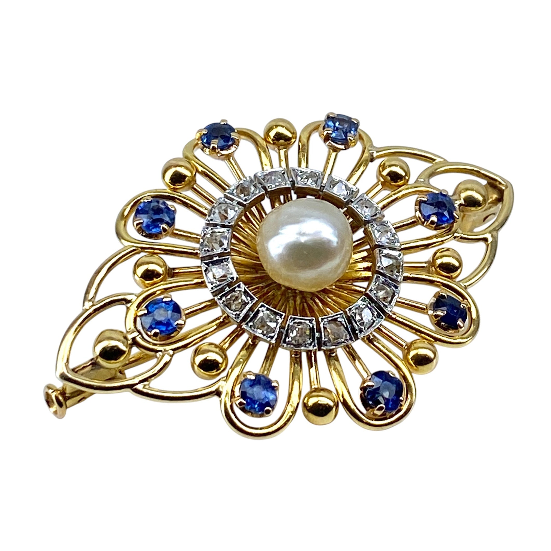 Broche en or, saphirs, perle et diamants