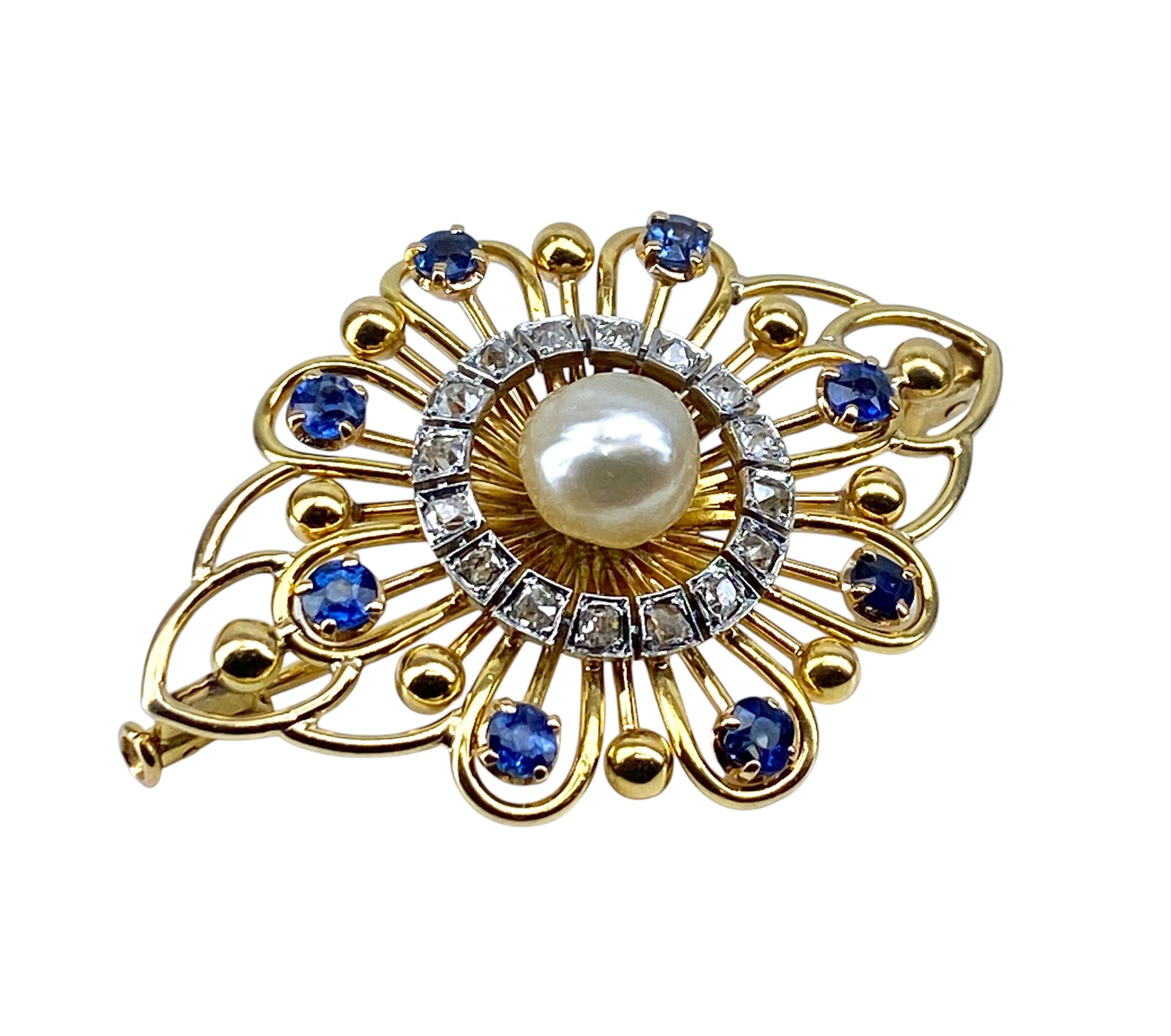 Broche en or, saphirs, perle et diamants