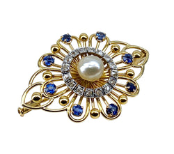 Broche en or, saphirs, perle et diamants