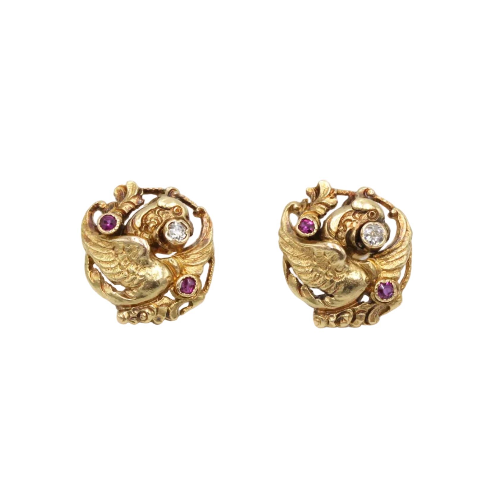 Boucles d'oreilles Puces en or jaune, rubis et diamants