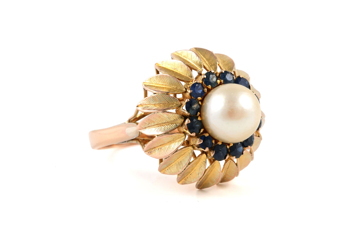 Bague Dôme en or jaune, perle et saphirs