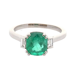 Bague Trilogie en platine, émeraude et diamants