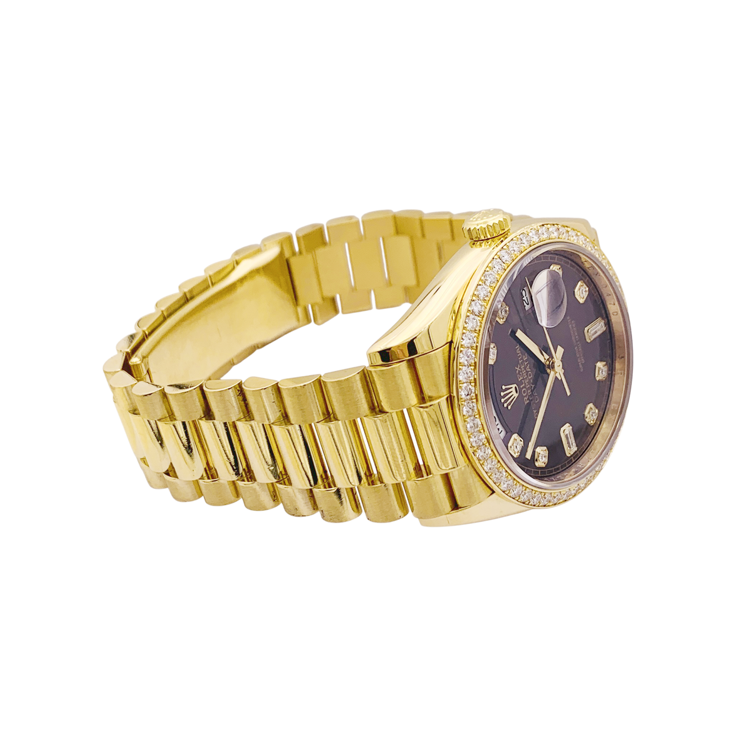 Montre Rolex, "Oyster Perpetual Day-Date", or jaune, diamants.