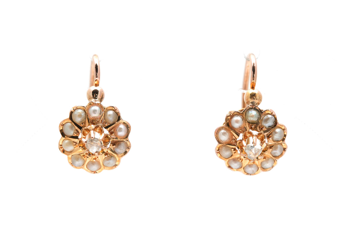 Boucles d'oreilles Dormeuses en or jaune, perles et diamants