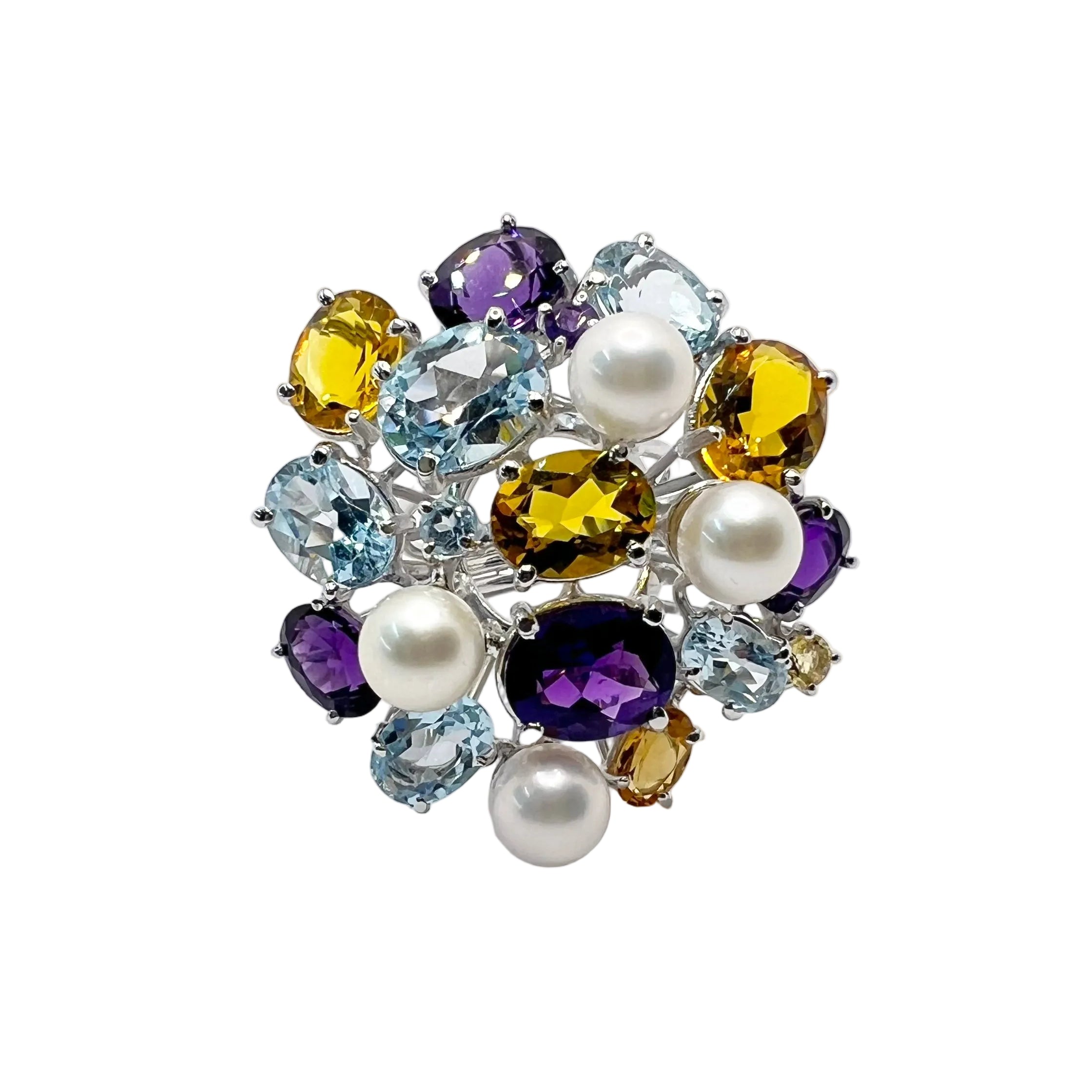 Bague Cocktail LUCIANO SOMENZI en or blanc, améthystes, quartz, topazes et perles